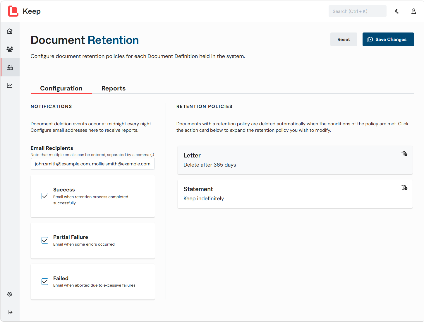 The Document Retention page of Keep.